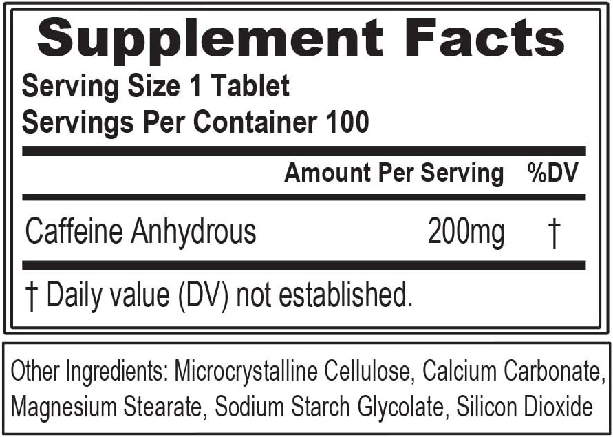 EVLution Nutrition Cafeína – 200 mg por Dosis – 100 Comprimidos – Energía, Enfoque y Resistencia