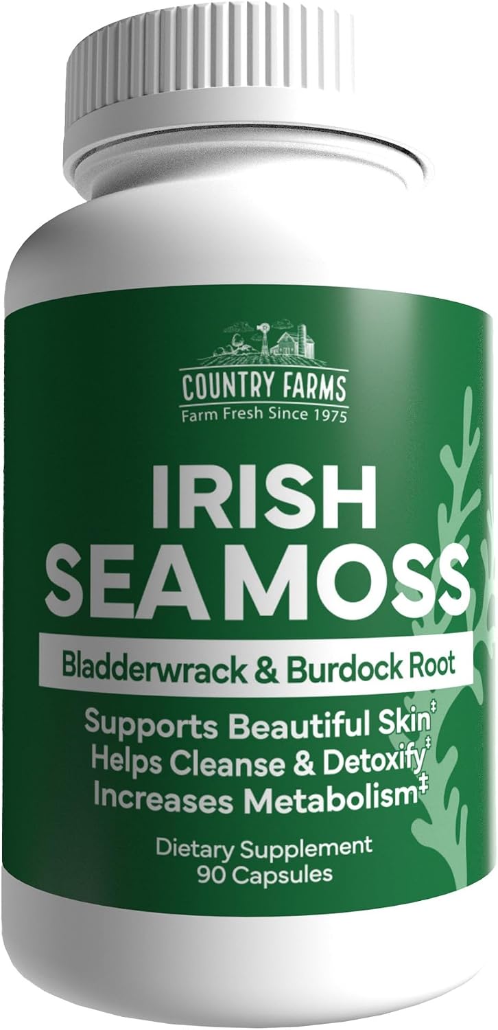 Country Farms Irish Sea Moss Cápsulas – Triple Mezcla con Musgo Irlandés, Raíz de Bardana y Fucus Vesiculoso, 90 Cápsulas