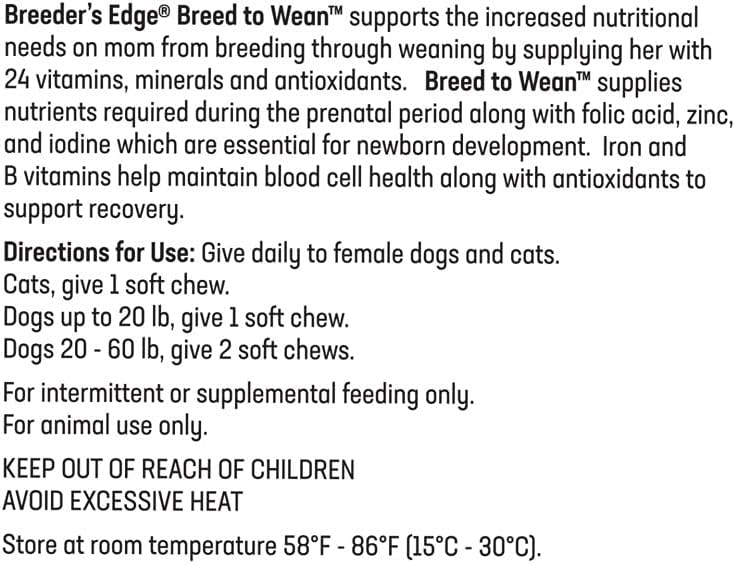 Breeder's Edge Breed to Wean – Multivitamínico prenatal y postnatal para perros y gatos (400 comprimidos)