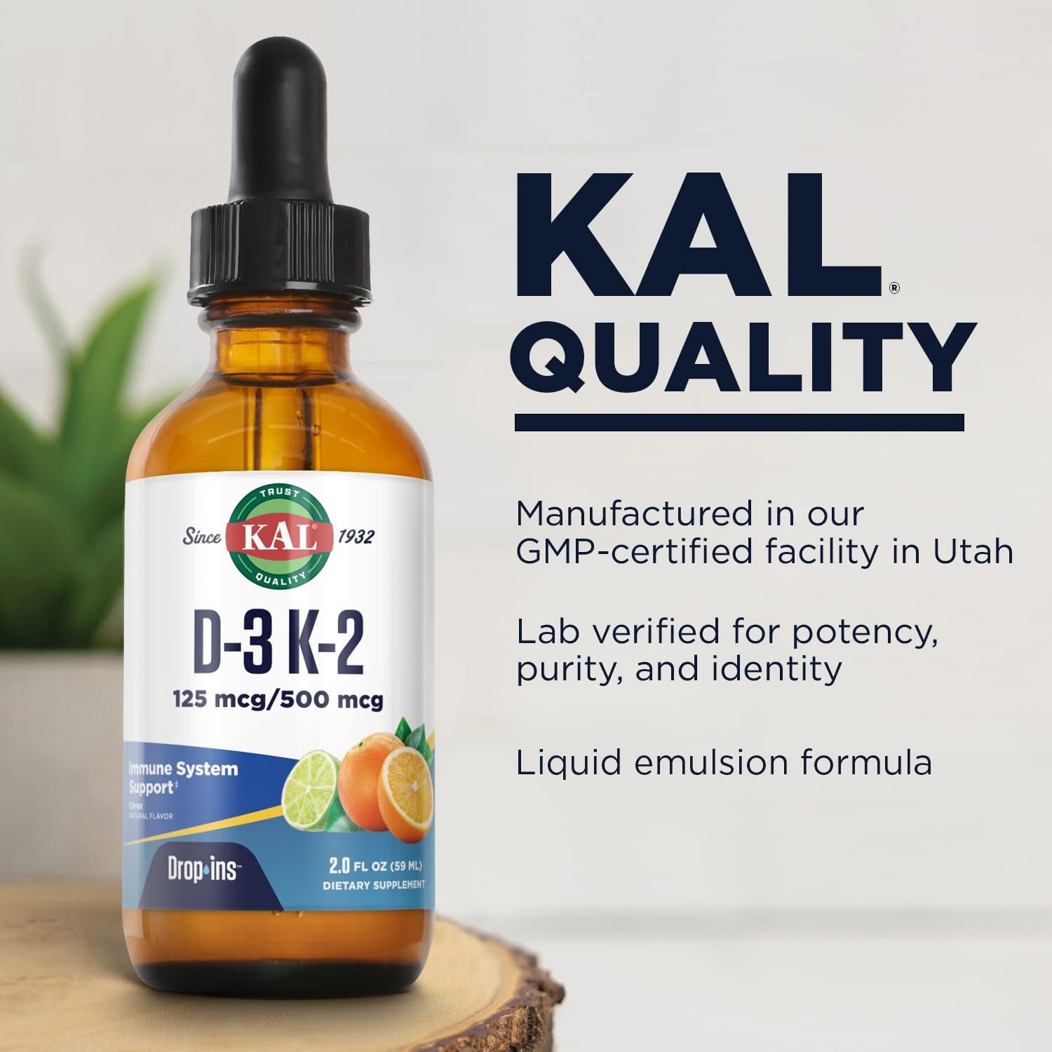 KAL D3 K2 DropIns 125/500 mcg - Suplemento Líquido de Vitamina D3 y K2 - Sabor Cítrico Natural - 59 ml