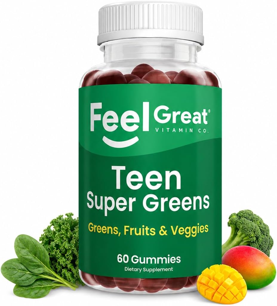 Feel Great Super Green Gummies Teen Vitamins | Gominolas Multivitamínicas Veganas para Adolescentes | Suplemento de Frutas y Verduras | 60 Unidades