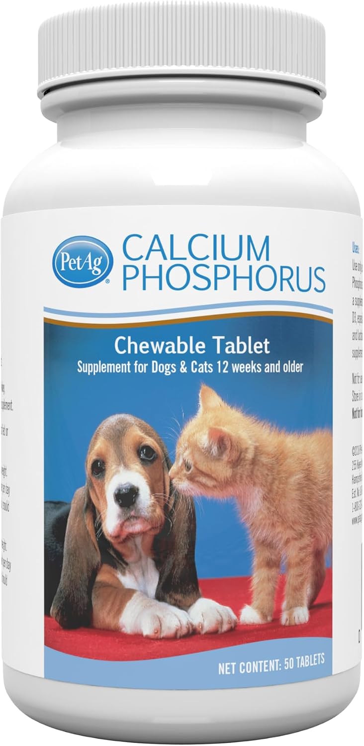 PetAg Calcium Phosphorus Tablets - 50 Tablets - Daily Chewable Supplement for Dogs and Cats Over 12 Weeks - Fortified with Vitamin D