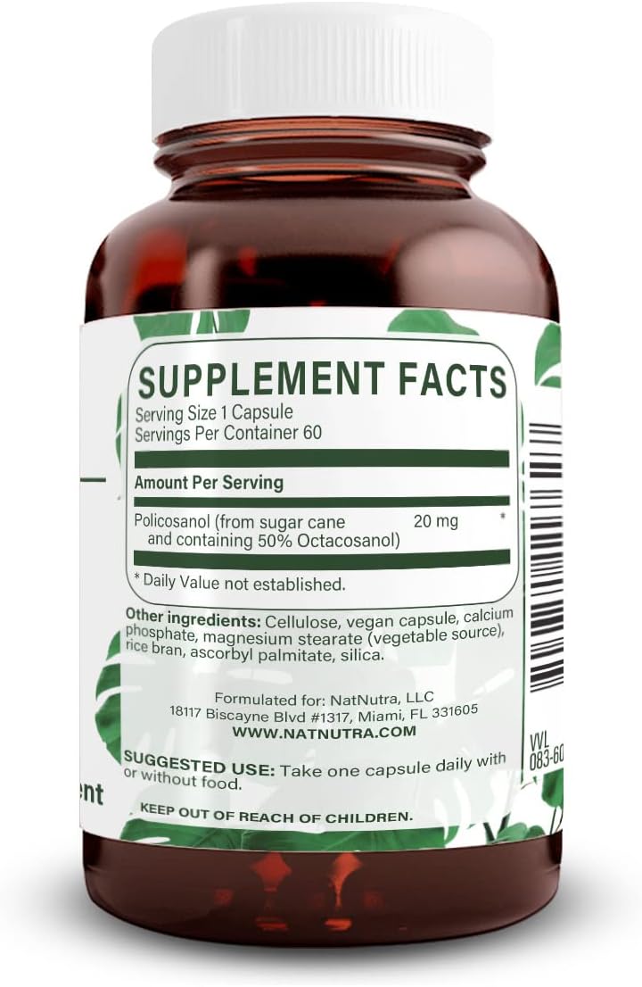 Natural Nutra Policosanol 20mg con Octacosanol - 60 Cápsulas Veganas
