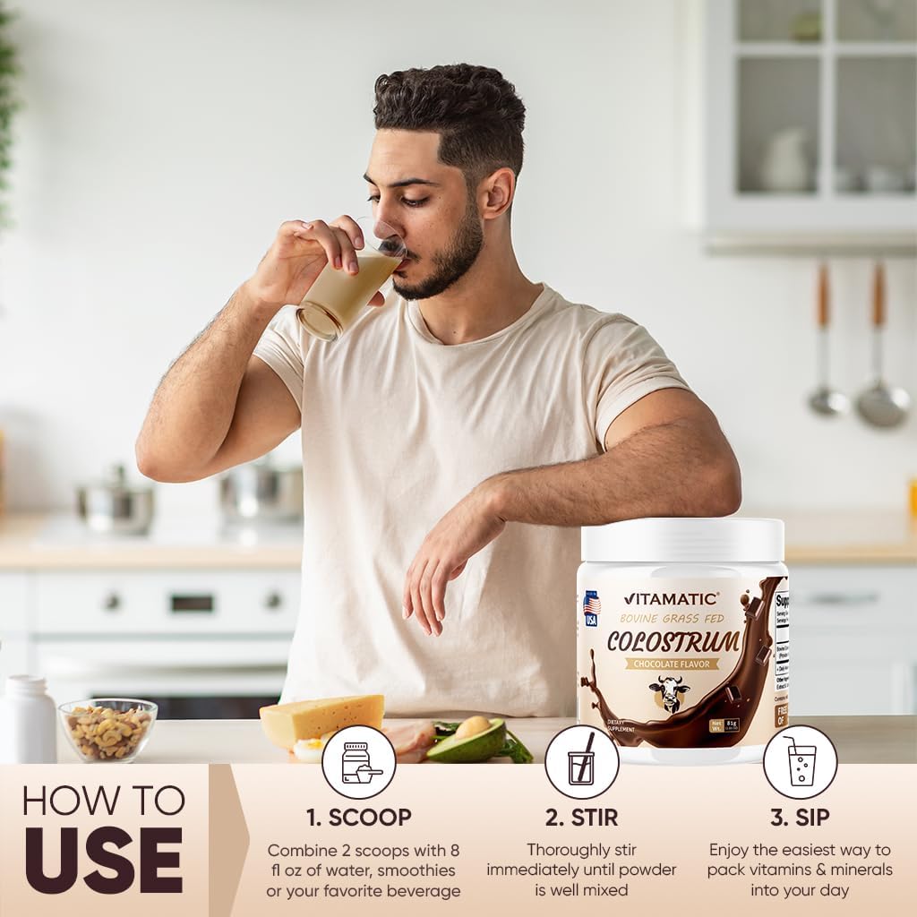 Polvo de Calostro Bovino Vitamatic - Suplemento para la Salud Intestinal, Inmunidad y Recuperación - 81 Gramos - 30 Dosis (Sabor Chocolate)