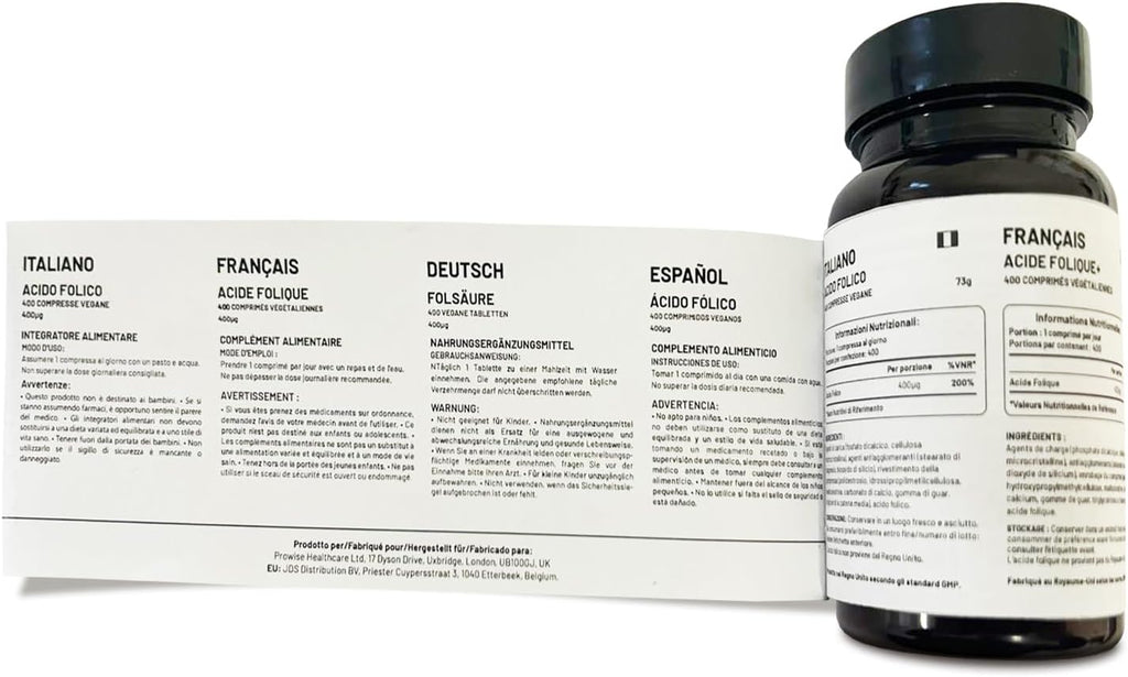 Ácido Fólico 400 mcg - 400 Comprimidos Veganos de Vitamina B9 | Cuidado del Embarazo | Hecho en Reino Unido – Prowise