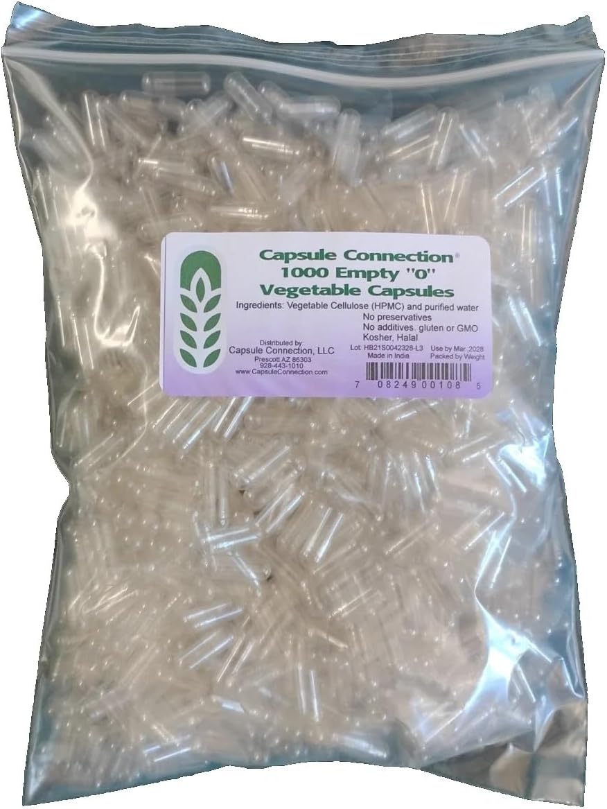 Capsule Connection Bulk Wholesale Empty Vegetable Capsules, Tamaño 0, Veganas y Vegetarianas, 1000 uds. Bolsa Resellable
