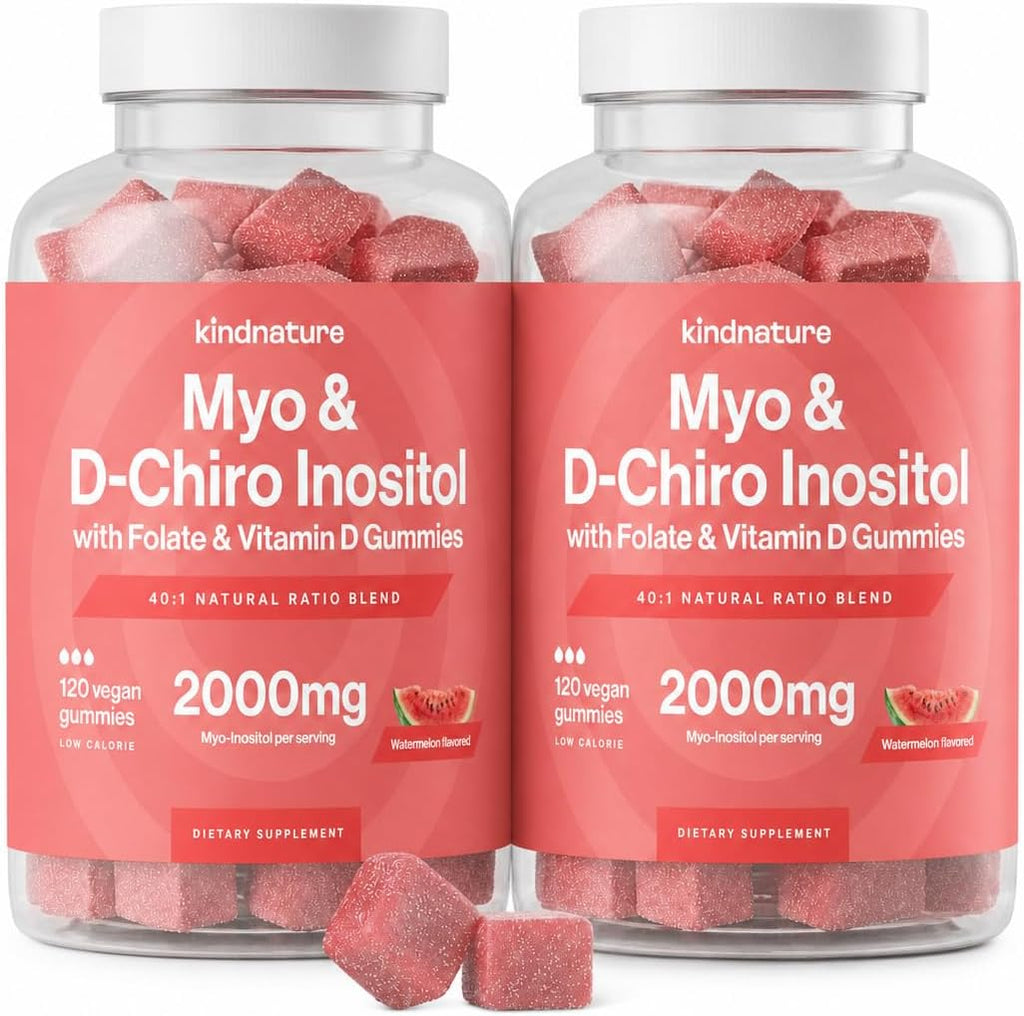kindnature Myo-Inositol & D-Chiro Inositol Gummies – 2000mg + 50mg, Ratio 40:1, con Vitamina D y Folato, Sabor Sandía, Vegano (120 Gominolas)