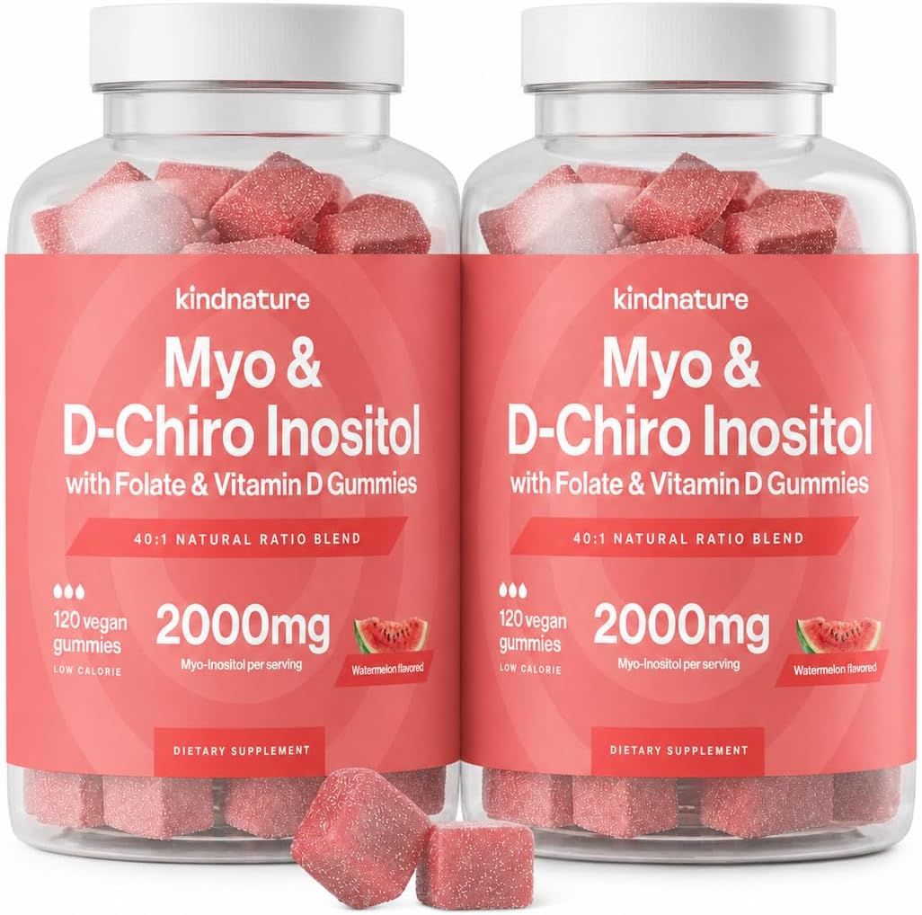 kindnature Myo-Inositol & D-Chiro Inositol Gummies – 2000mg + 50mg, Ratio 40:1, con Vitamina D y Folato, Sabor Sandía, Vegano (120 Gominolas)