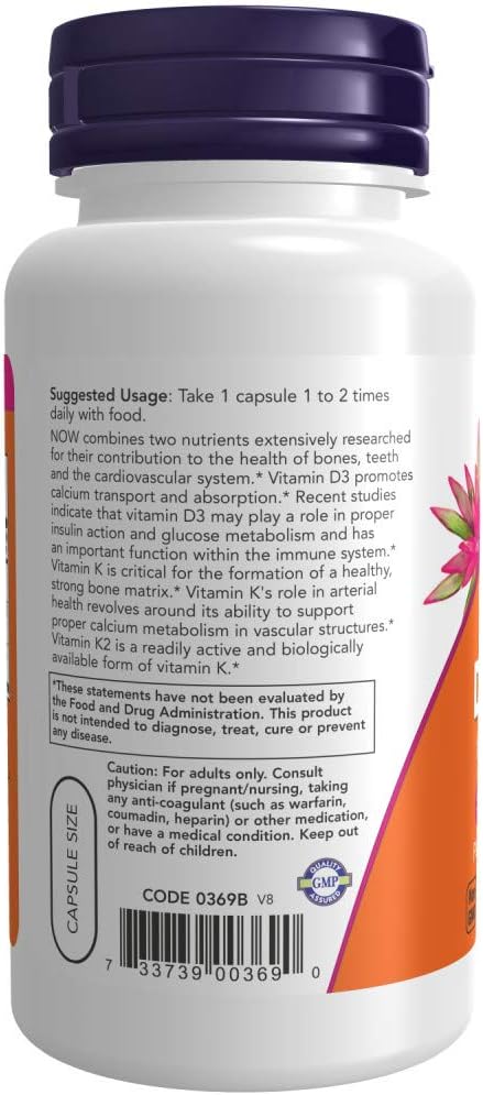 NOW Foods Vitamina D-3 y K-2, 120 Cápsulas Vegetales (Paquete de 2)