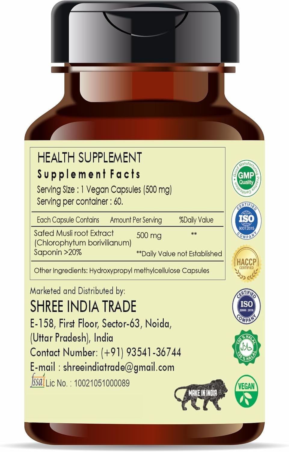 AYURVEDASHREE Safed Musli Extracto 500mg - 60 Cápsulas Vegetarianas | Chlorophytum Borivillianum | 100% Natural | Vegano | Sin Gluten