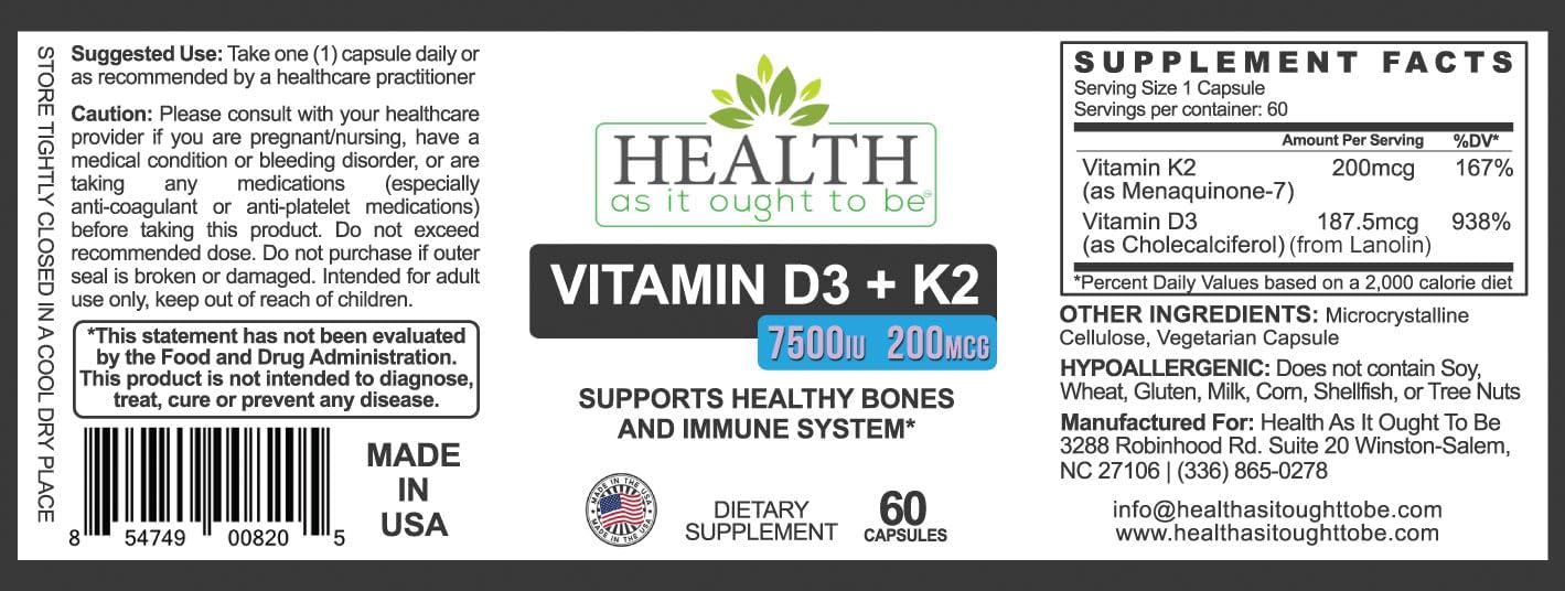 HAIOTB D3+K2: Vitamina D3 7500 UI + K2 200 mcg - 60 Cápsulas