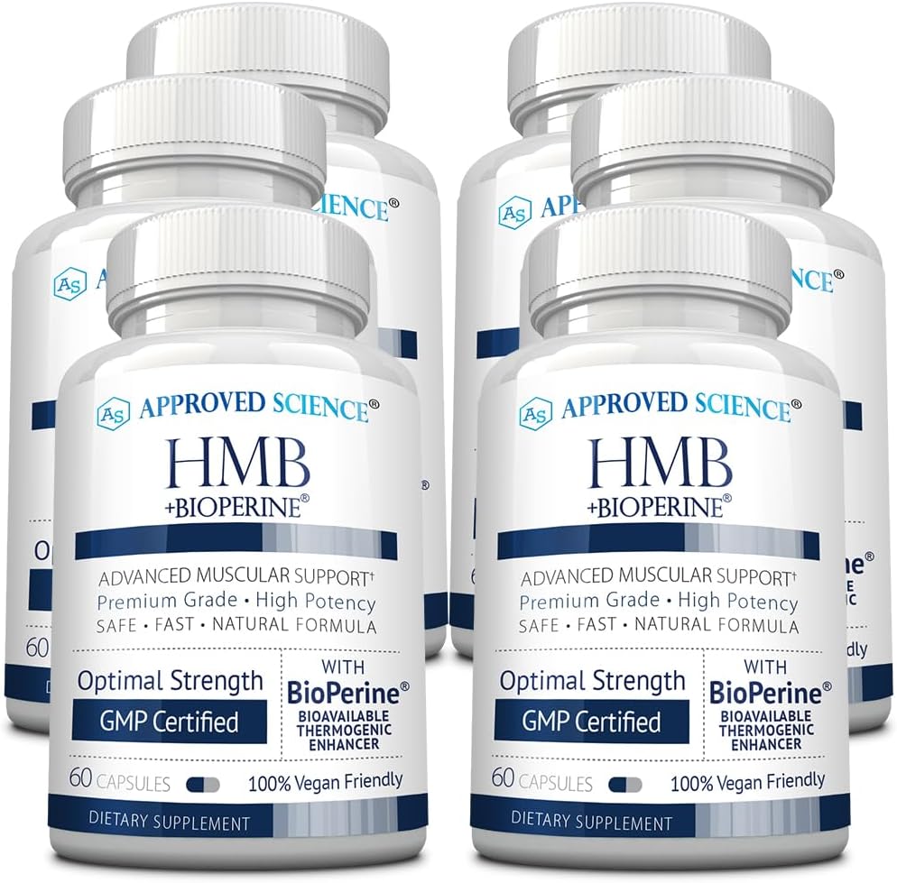 Approved Science HMB - 1500 mg de HMB de alta potencia con calcio y BioPerine para absorción - Salud muscular y rendimiento en el ejercicio - 60 cápsulas veganas - Pack de 6