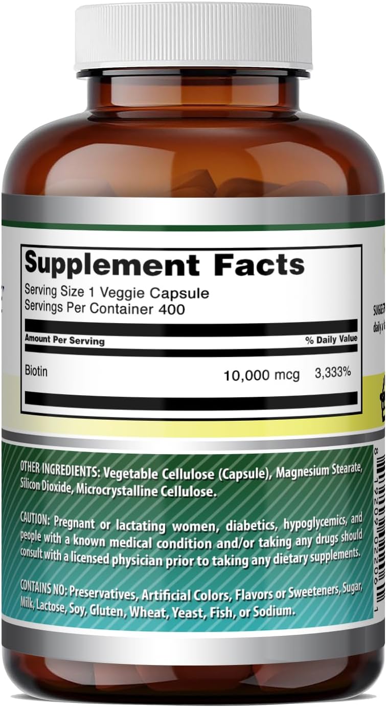 Amazing Formulas Biotina 10000 mcg Cápsulas Vegetales - Suplemento de Vitamina B7, Sin OGM, Sin Gluten, 400 Unidades