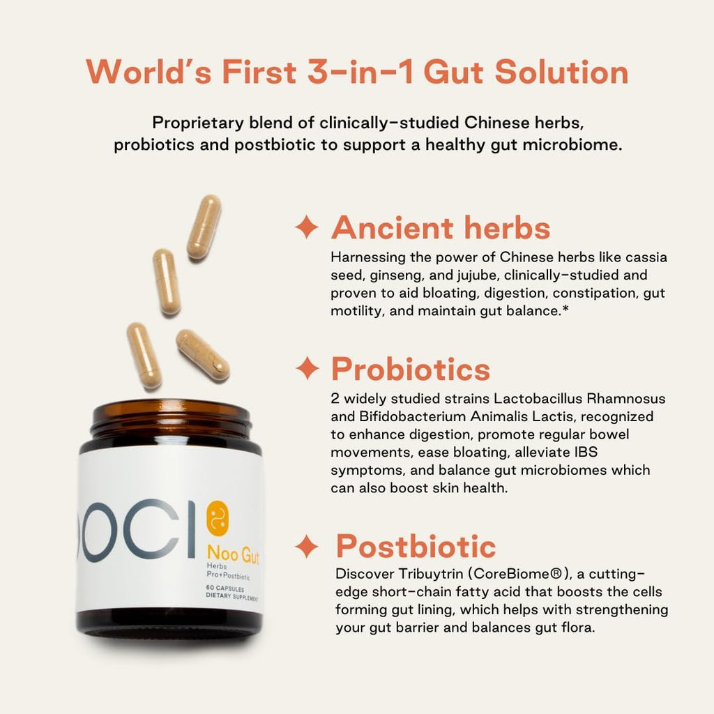 NOOCI NOO Gut, Intestino + Piel: Suplemento 3 en 1 para la Salud Intestinal con Hierbas, Probiótico y Postbiótico, Apoyo Digestivo contra la Hinchazón y el Estreñimiento, 60 Cápsulas Veganas