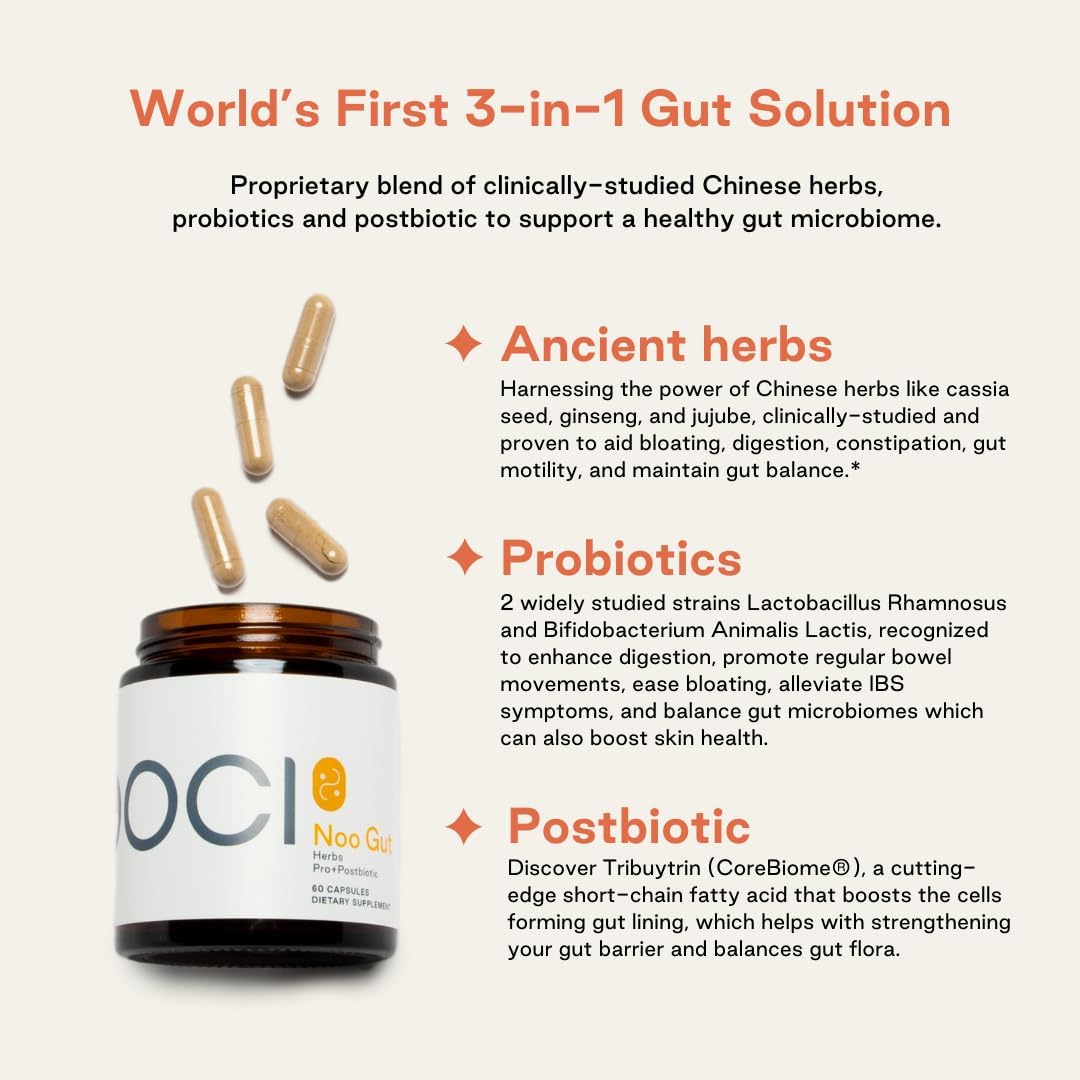 NOOCI NOO Gut, Intestino + Piel: Suplemento 3 en 1 para la Salud Intestinal con Hierbas, Probiótico y Postbiótico, Apoyo Digestivo contra la Hinchazón y el Estreñimiento, 60 Cápsulas Veganas