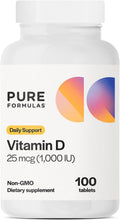 PureFormulas Vitamina D3 1.000 UI 25 mcg - Suplemento Premium para Huesos, Dientes y Sistema Inmunitario - No-GMO - 100 Comprimidos