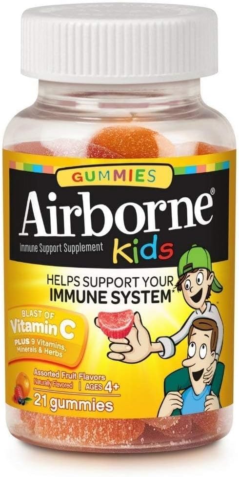 Airborne Gominolas de Vitamina C 500mg y Zinc para Niños, Sabor Frutas Variadas, Sin Gluten, 4 Paquetes de 21 Gominolas