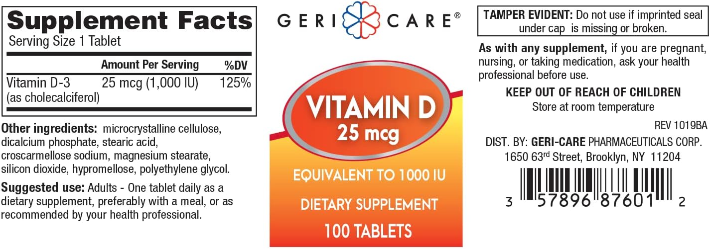 GeriCare Vitamina D 25 mcg (1000 UI) - 100 Comprimidos para Huesos e Inmunidad