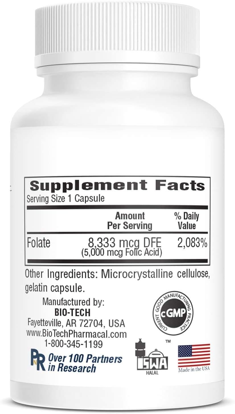 Ácido Fólico 5 mg, 100 Cápsulas (Paquete de 2) - BioTech Pharmacal