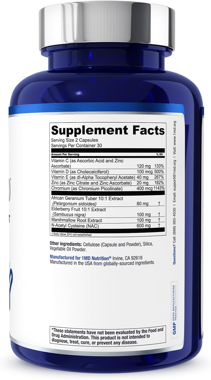 1MD Nutrition BreatheMD - Suplemento respiratorio e inmunológico con Saúco, Cromo y NAC, 60 cápsulas