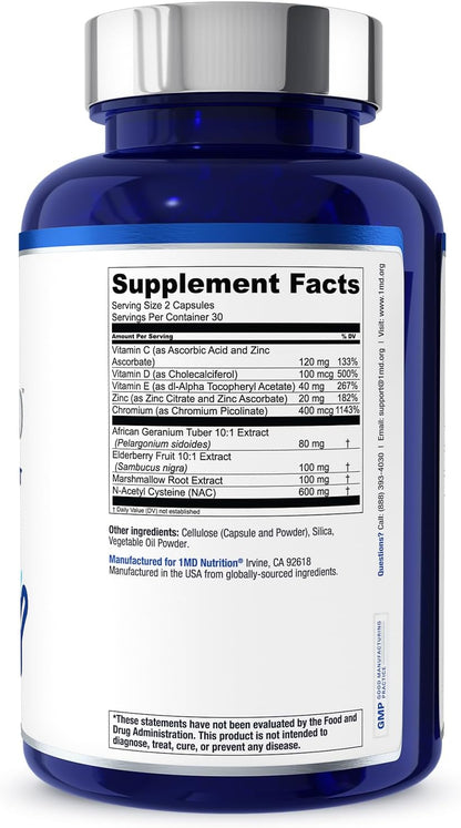 1MD Nutrition BreatheMD - Suplemento respiratorio e inmunológico con Saúco, Cromo y NAC, 60 cápsulas