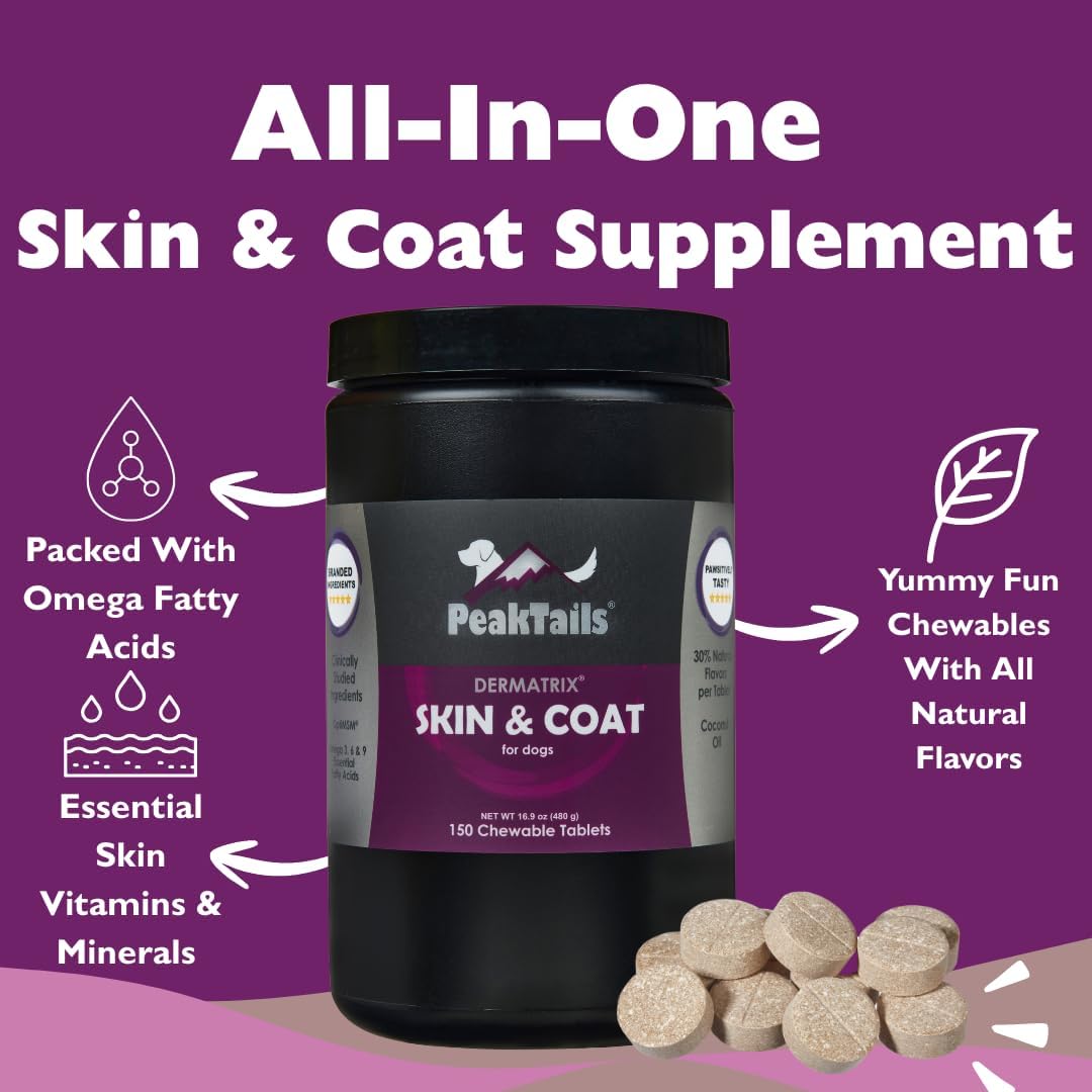 Kala Health PeakTails Skin & Coat Support para Perros – 150 Comprimidos Masticables con MSM, Aceite de Pescado, Omega-3 y Omega-6