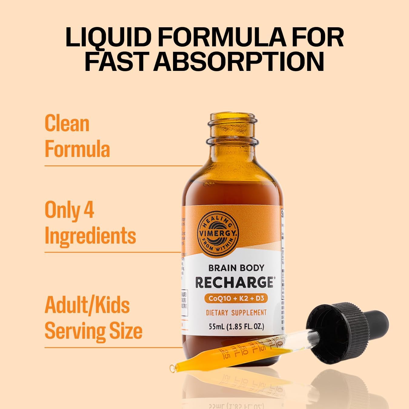 VIMERGY Brain Body Recharge - Complemento con Vitamina D3, K2 y CoQ10 (55 ml)