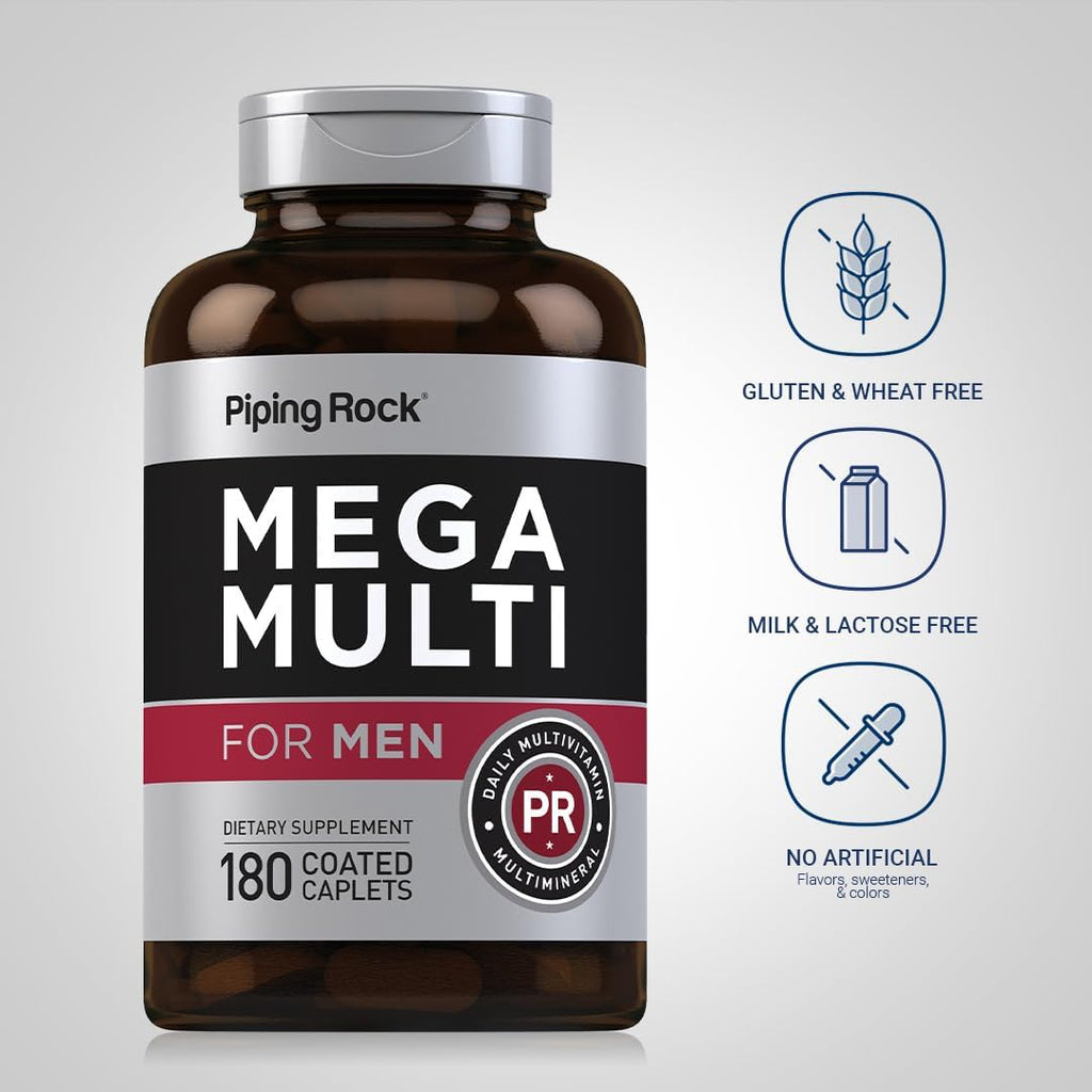 Piping Rock Multivitamínico para Hombres | 180 Caplets | Mega Men Multivitamins | No GMO, Sin Gluten
