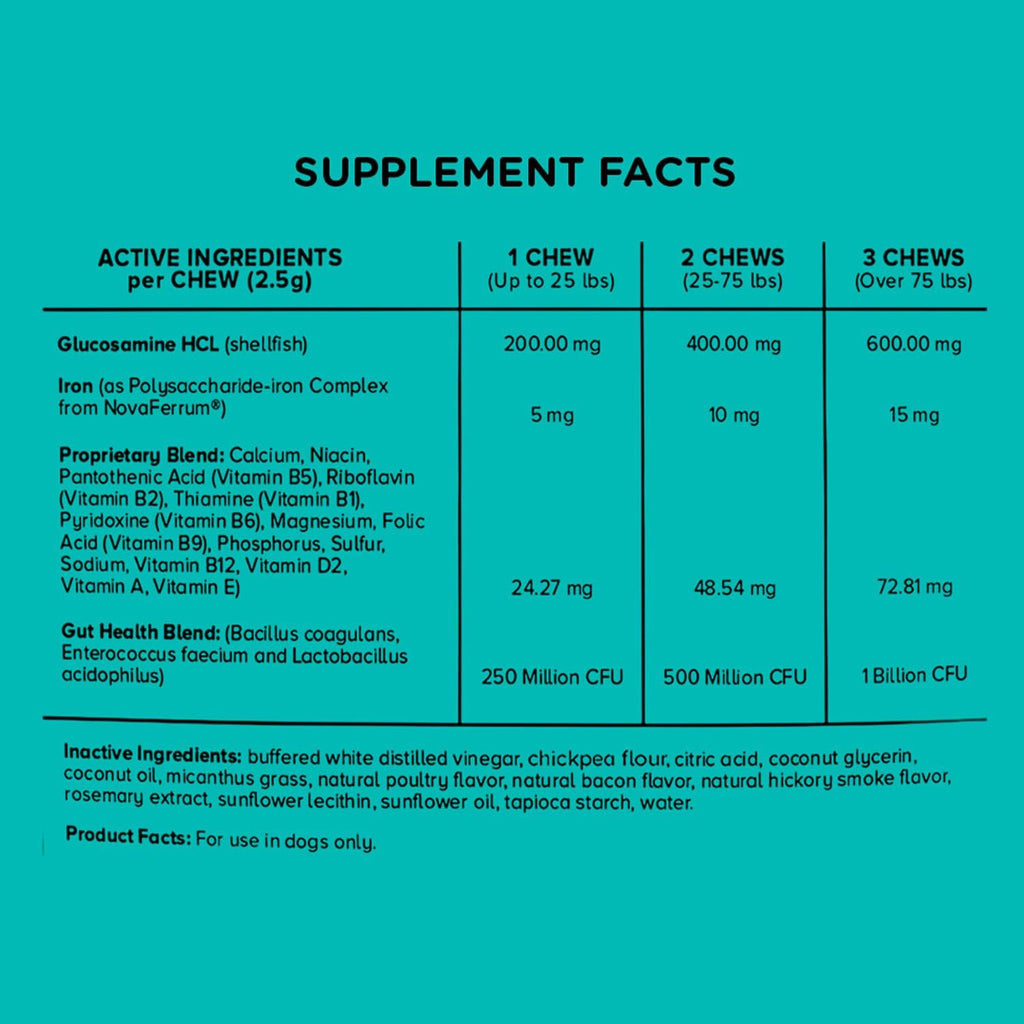 NovaFerrum Bow Wow | Suplemento multifuncional 18 en 1 con hierro para perros | Apoyo sanguíneo para anemia | Glucosamina | Probióticos | Antioxidantes | Sabor a pollo | 90 masticables