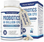 Purely Optimal Probióticos para la Salud Digestiva, 60 mil millones de UFC – Liberación retardada con enzimas digestivas y prebióticos orgánicos – Apoyo contra la hinchazón, inmunidad y energía, 30 cápsulas