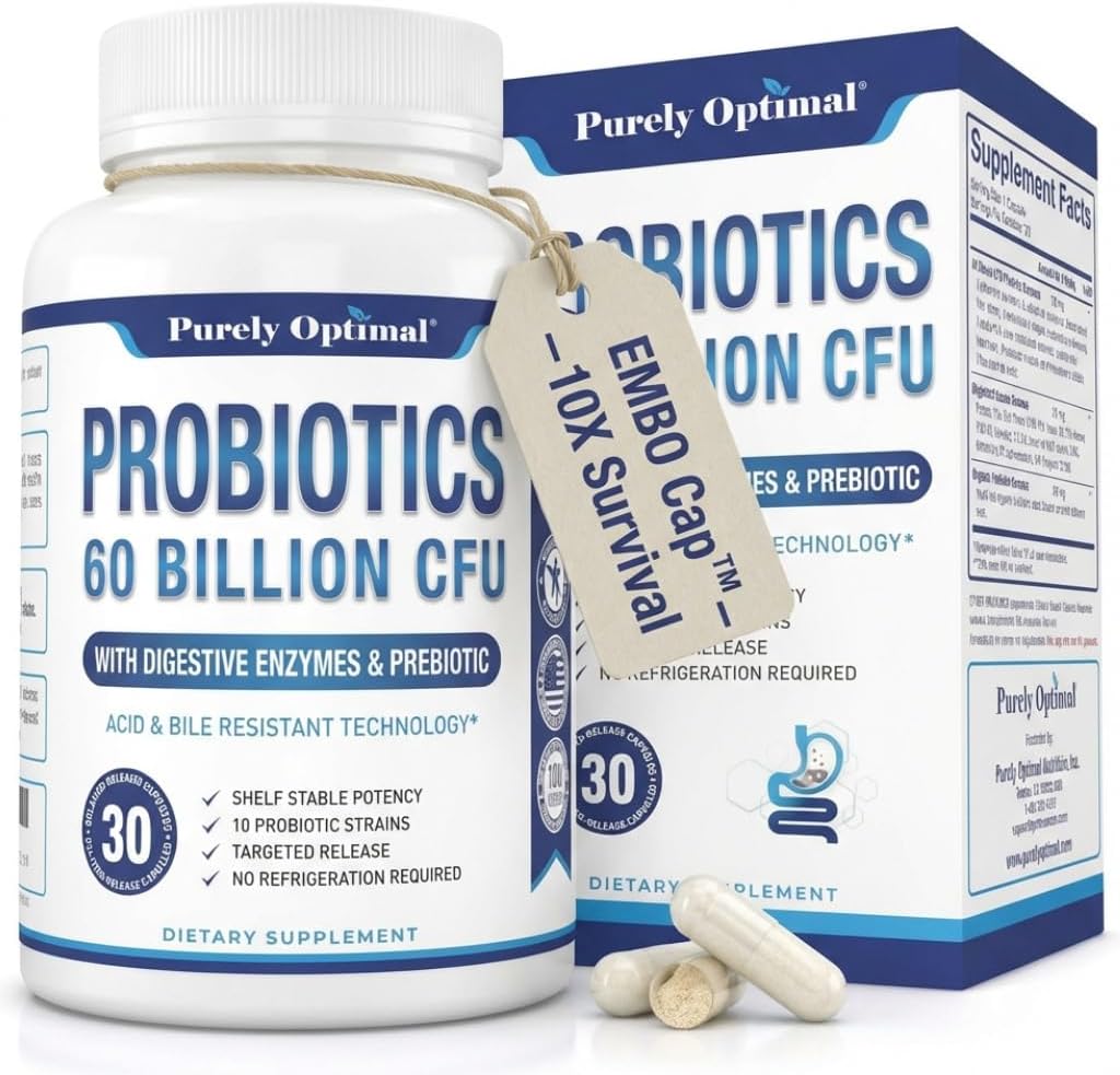 Purely Optimal Probióticos para la Salud Digestiva, 60 mil millones de UFC – Liberación retardada con enzimas digestivas y prebióticos orgánicos – Apoyo contra la hinchazón, inmunidad y energía, 30 cápsulas