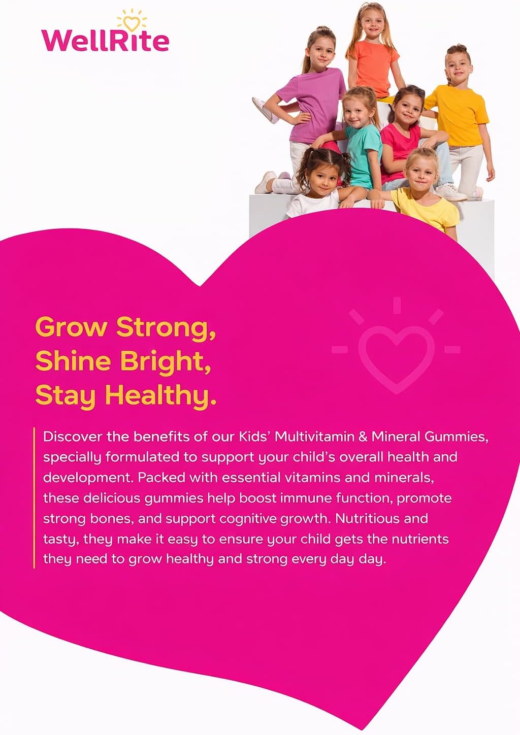 Kids Multivitamin Gummies – Wellrite Multivitamínico para Niños con Vitaminas y Minerales, Crecimiento e Inmunidad, Vegano, Sin Gelatina, Sin Gluten, Sin Frutos Secos, 60 Gomitas, Sabor Fresa y Limón