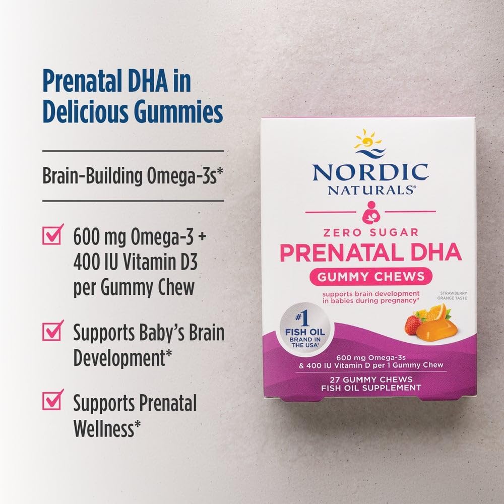 Nordic Naturals Zero Sugar Gominolas Prenatales con DHA, Sabor Fresa Naranja - 27 Gominolas - 600 mg Omega-3 y 400 UI Vitamina D3