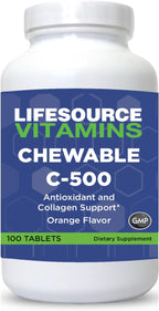 LifeSource Vitamin C 500 mg - 100 Comprimidos Masticables - Sabor Naranja - Endulzado con Stevia