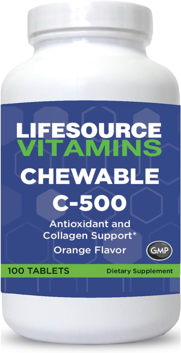 LifeSource Vitamin C 500 mg - 100 Comprimidos Masticables - Sabor Naranja - Endulzado con Stevia