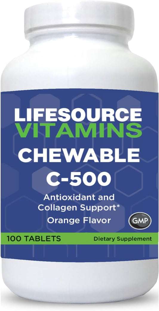 LifeSource Vitamin C 500 mg - 100 Comprimidos Masticables - Sabor Naranja - Endulzado con Stevia