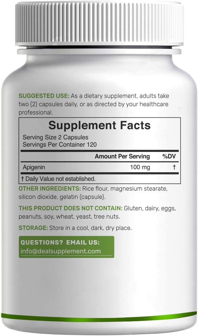 Apigenina, 100mg por dosis, 240 Cápsulas – Extracto Vegetal de Manzanilla – Bioflavonoides y Antioxidantes – Suplemento para Sueño y Relajación – No GMO