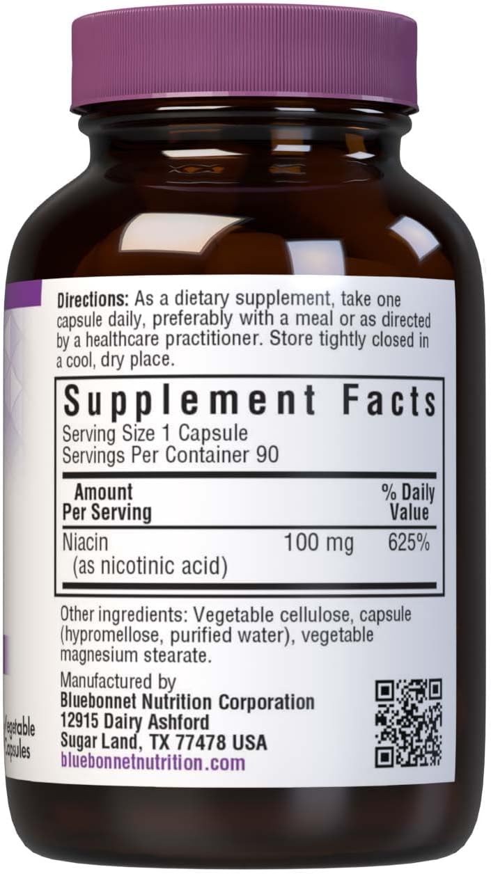 Bluebonnet Niacin 100mg - Vitamin B3 (Nicotinic Acid) - Flush Supplement - 90 Vegetable Capsules