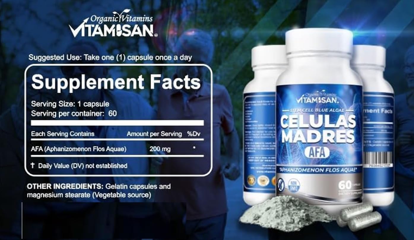 VITAMISAN Celulas Madres AFA Cápsulas de Alga Azul Verde, 60 cápsulas (Pack de 8)