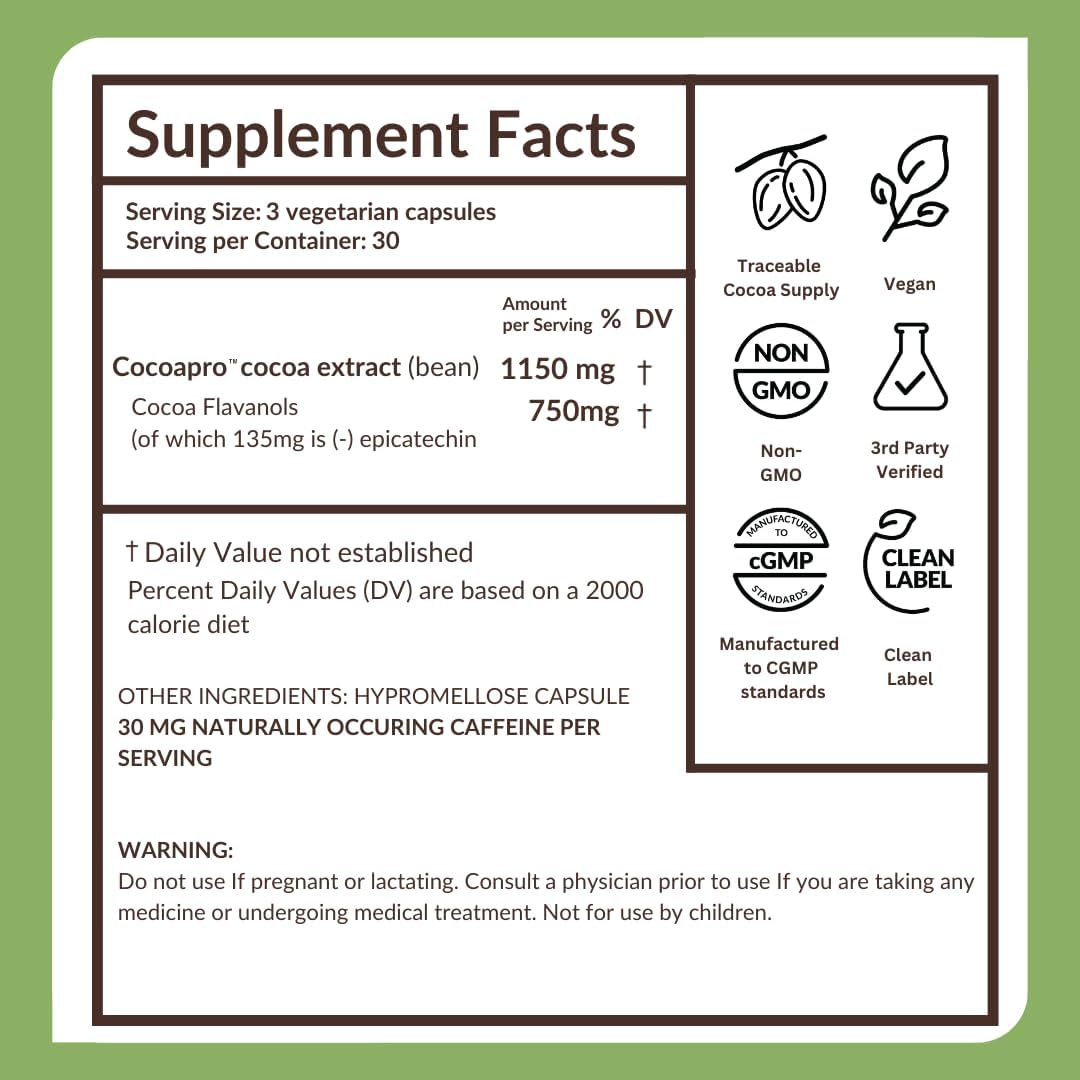 CocoaVia Ultra 750mg Flavanoles de Cacao – Apoyo para el Corazón y el Cerebro, 30 Cápsulas