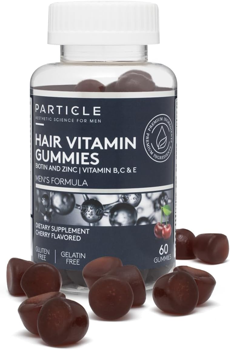 Particle Gominolas para el Cabello Hombre, Suplemento Vegano y Sin Gluten con Vitamina C, Biotina, Zinc y Vitamina B12, Apoyo Diario para el Cabello y Bienestar, Sabor Cereza, 60 Gominolas, 1 Mes
