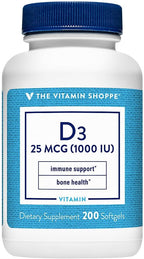 The Vitamin Shoppe Vitamina D3 1000 UI - Salud Ósea, Inmunitaria y Celular | Cápsulas blandas de Colecalciferol | 100 Cápsulas | Sin Gluten