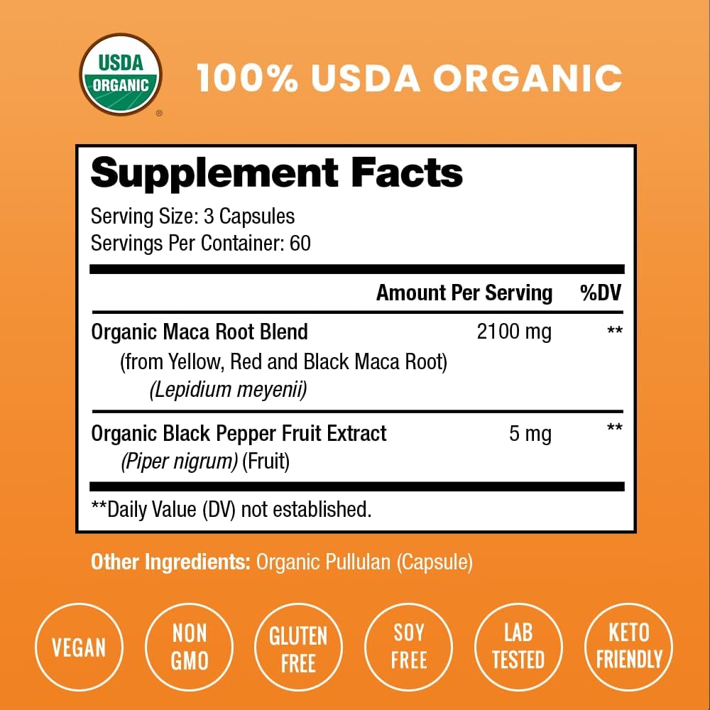 NutraChamps Maca Root Orgánica 2100mg, 180 Cápsulas, Mezcla de Maca Negra, Roja y Amarilla