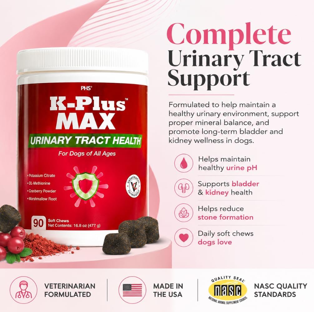 K-PLUS MAX Urinary Tract Health Soft Chews para Perros – Arándano, DL-Metionina y Citrato de Potasio – 90 Chews Blandos