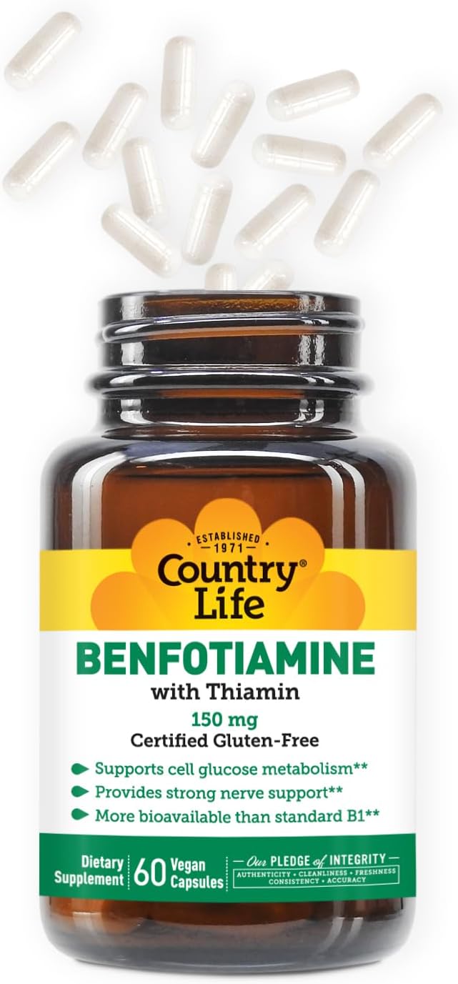 Country Life Benfotiamine with Thiamine, Nerve Health Support, 150mg, 60 Vegetarian Capsules, Certified Gluten-Free, Vegan