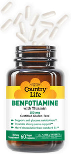 Country Life Benfotiamine with Thiamine, Nerve Health Support, 150mg, 60 Vegetarian Capsules, Certified Gluten-Free, Vegan