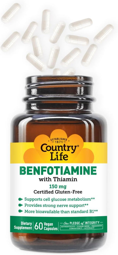 Country Life Benfotiamina con Tiamina, Apoyo – Contribuye al funcionamiento normal del sistema nervioso. – Image 2