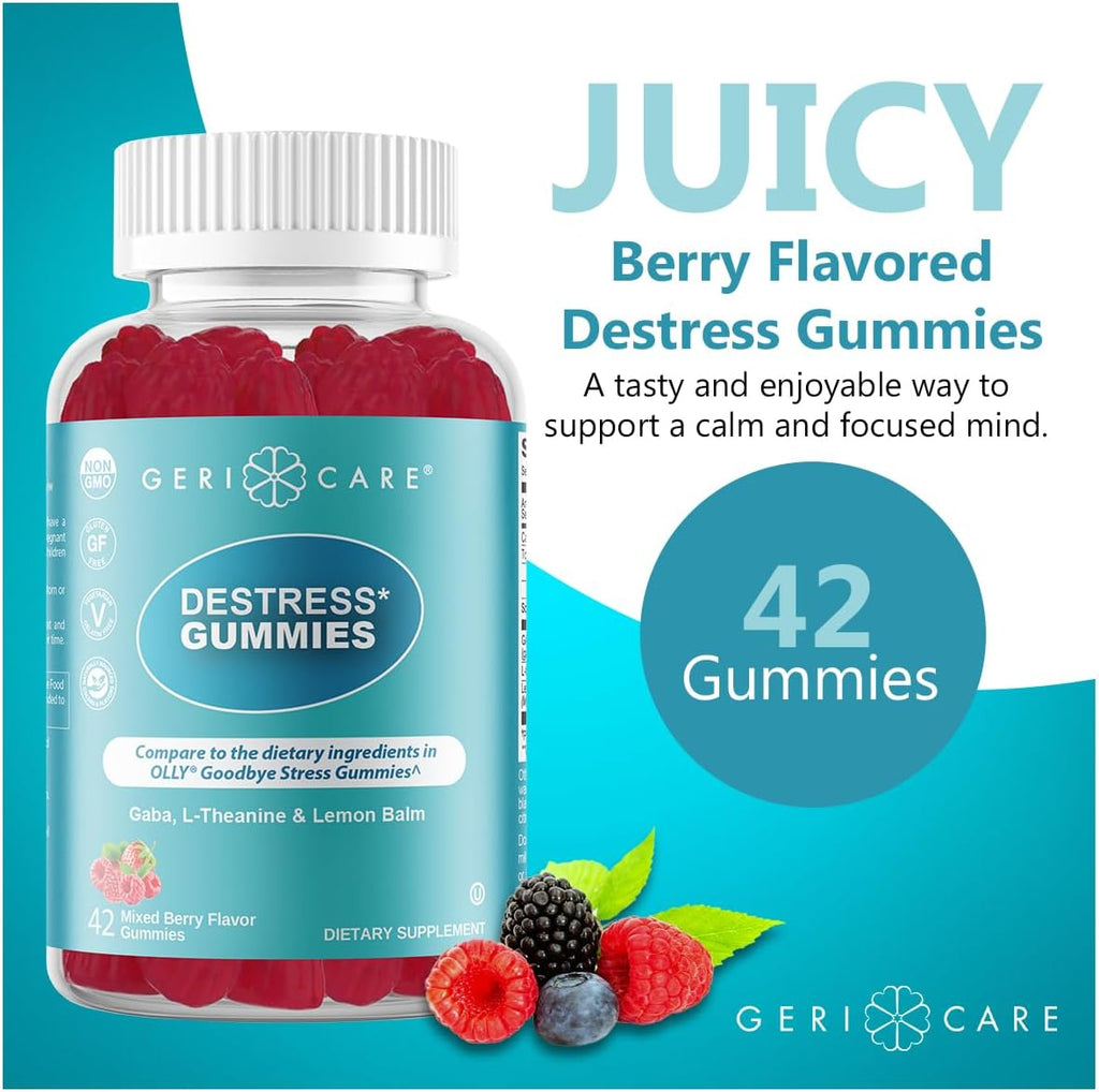 GeriCare DeStress Gummies con GABA, L-Teanina y Melisa - Sabor a Frutos del Bosque - 42 unidades