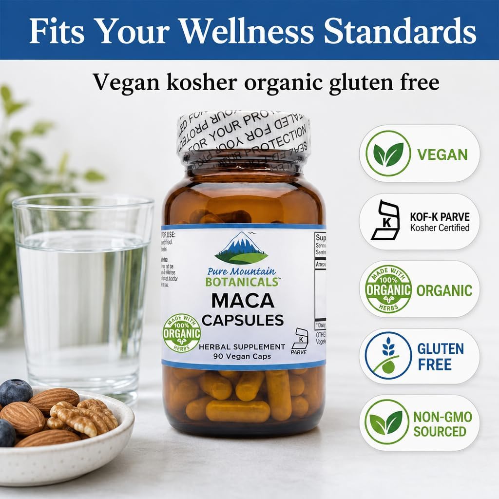Cápsulas de Raíz de Maca Orgánica de Perú - 1000mg - Mezcla Cruda y Gelatinizada - 90 Cápsulas Veganas Kosher