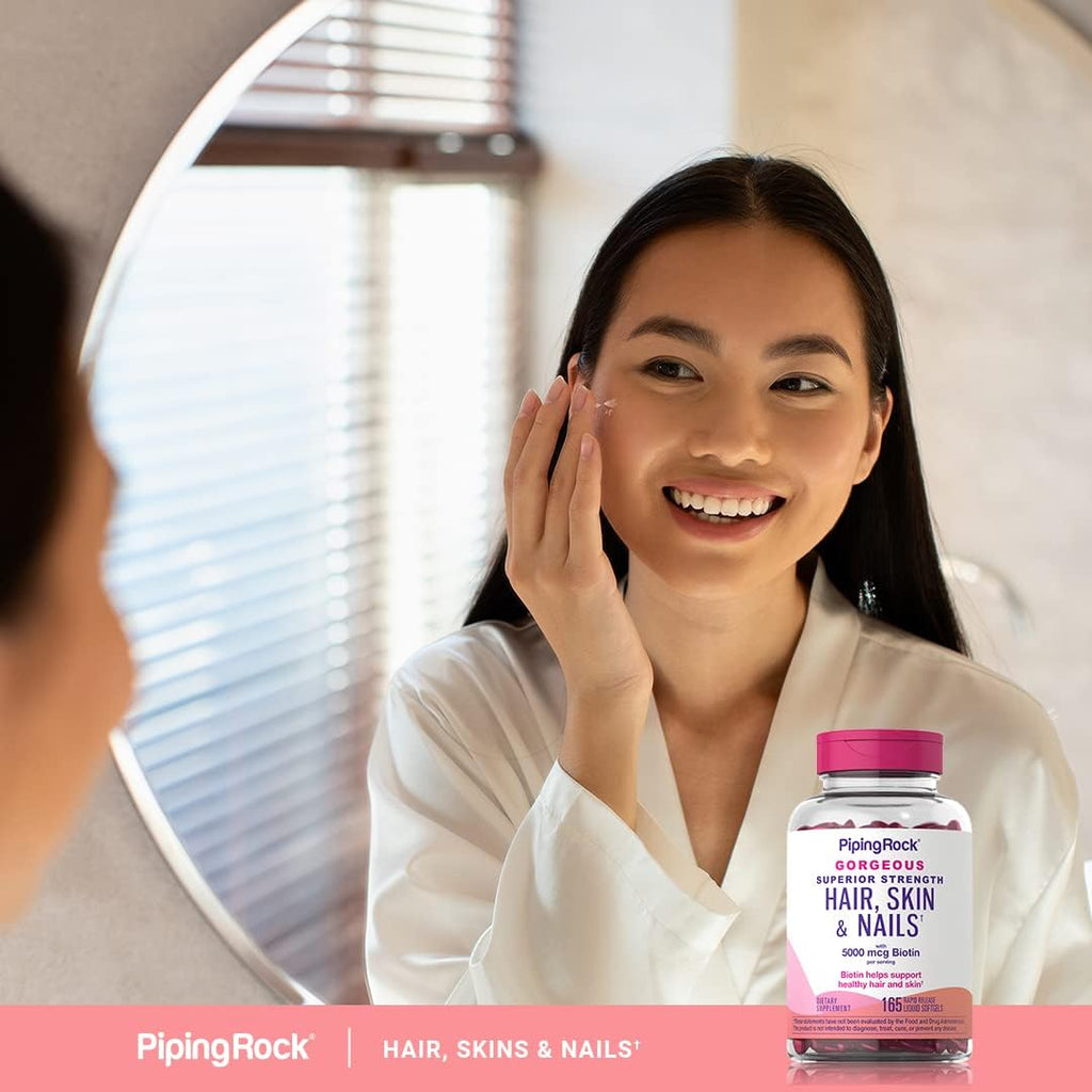 Piping Rock Vitaminas para Cabello, Piel y Uñas, 165 Cápsulas Blandas, 5000 mcg de Biotina Extra Fuerte, con Aceite de Argán y Coco, Sin OGM, Sin Gluten